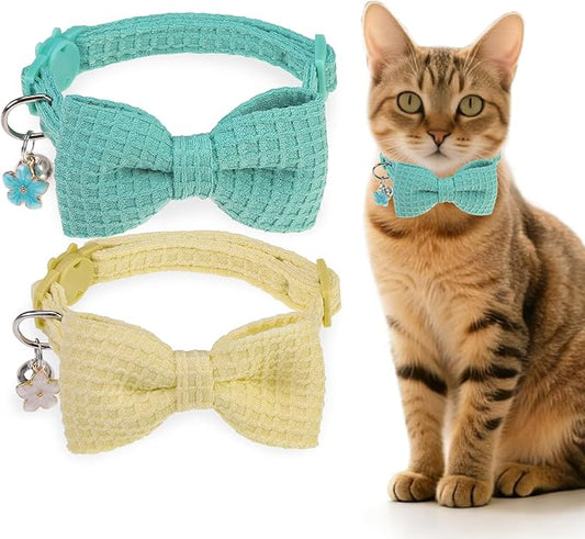 Cat Collar Breakaway with Bells, Soft Cotton Cat Bowtie Collar for Girl Boy Cats, Small Cats Collar with Bow for Spring Summer, 2 Pack Cute Kitten Collars with Removable Bowtie 8-12Inch