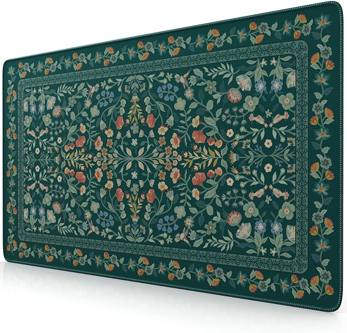 iCasso Aesthetic Flower Mouse Pad,23.6x13.7in,Deep Green | Vintage Desk Matt for Desktop, Anti-Slip Mousepad with Stitched Edges for Laptop Computer Keyboard