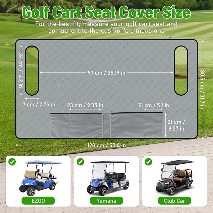 Kaskawise Golf Cart Seat Covers,Universal Golf Cart Seat Towel Blanket with 4 Front Pockets & Nonskid Bottom Fits for EZGO, Yamaha, Club Car DS Precedent and More 2 Person Seats Golf Carts (Grey)