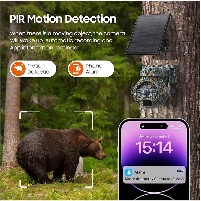 5MP Solar Cameras WiFi Wireless Outdoor 360° View Pet Monitoring Camouflage Color Solar Battery PTZ Camera(WiFi Camera add 128G)