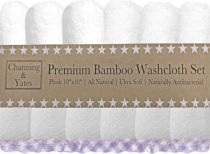 Channing & Yates - Premium Baby Washcloths - (6-Pack) Organic Viscose Made from Bamboo Wash Cloths 2X Thick & Soft - 10 x 10 in - Helps Eczema - Adult Face Washcloths - (Purple on White)