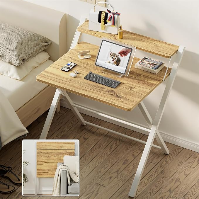 GreenForest Folding Desk No Assembly, Sturdy Computer Desk for Small Spaces | Portable Foldable Table for Laptop, 2-Tier Compact with Shelf, Space Saving for Home Office, Dorm, Apartment, 27.3"x 22" Oak