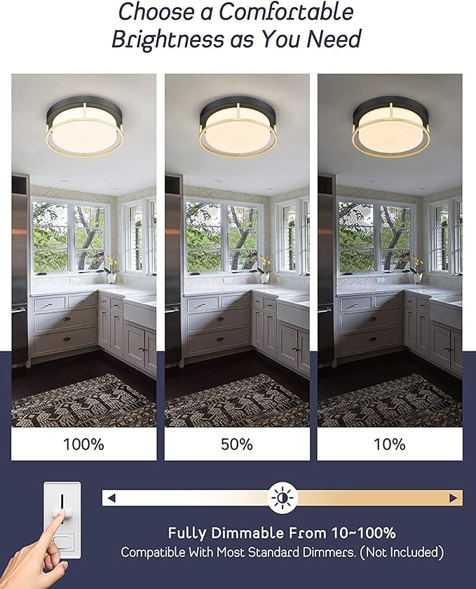 CALDION LED Modern Ceiling Light Fixture, 12 Inch 24W 1100Lumens Flush Mount Ceiling Lamp, Dimmable 3000K Matte Black Finish Gold Metal Frame with Frosted Glass Cover Close to Ceiling Light