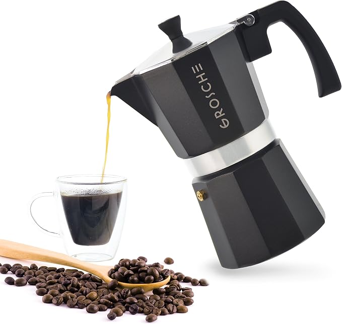 GROSCHE Milano Stovetop Espresso Maker Moka Pot 6 espresso Cup, 9.3oz Black | Cuban Coffee Maker And Italian Moka Pot For Stovetop Espresso; For Gas, Electric, And Propane Stoves With A Soft-Touch Handle