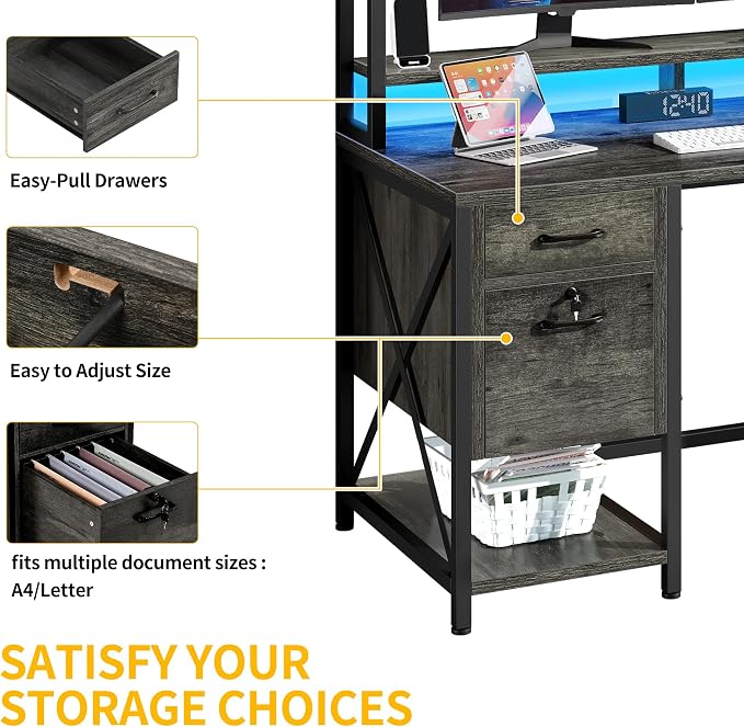 DWVO Computer Desk with Drawers & Hutch, 59.1" Office Desk with Power Outlets & LED Lights, Home Office Desk with Storage Shelves, Grey | Built-In Power Outlets, Led Lights, Hutch Shelves, Storage Drawers, for Home Office Work Study, Easy Assembly