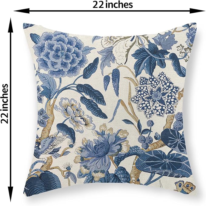 Blue Pillow Covers 22x22 Inch Set of 2 Vintage Blue Floral Throw Pillows Chinoiserie Flower Decorative Pillow Cases Outdoor Linen Farmhouse Cushion Cover for Couch Home Sofa Bed Decorations