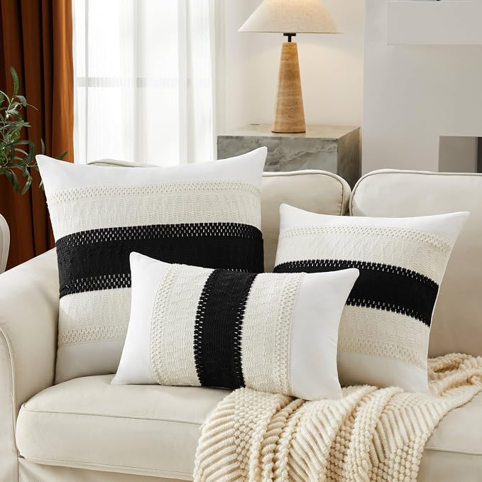2pk Boho Pillow Covers 22x22, Natural White/Contrast/Black | 100% Organic Cotton Body, Stripe Embroidery, Farmhouse Decorative Cushion Covers for Sofa Bed Living Room Home Decor