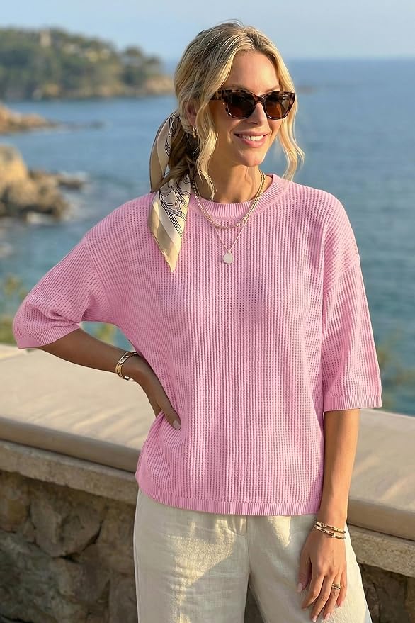 Arach&Cloz Womens Summer 100% Cotton Oversized Crochet Tops 3/4 Length Sleeve Sweater Hollow Out Casual Blouses 2026