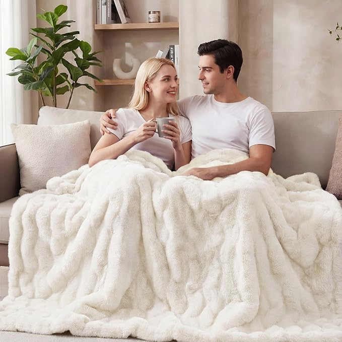 ORINOVA Light Beige Faux Fuzzy Fur Blanket Queen Size 90x90 Ultra Soft Thick Fluffy Blanket Queen for Bed Couch Cozy Furry Home Decor 1000 GSM