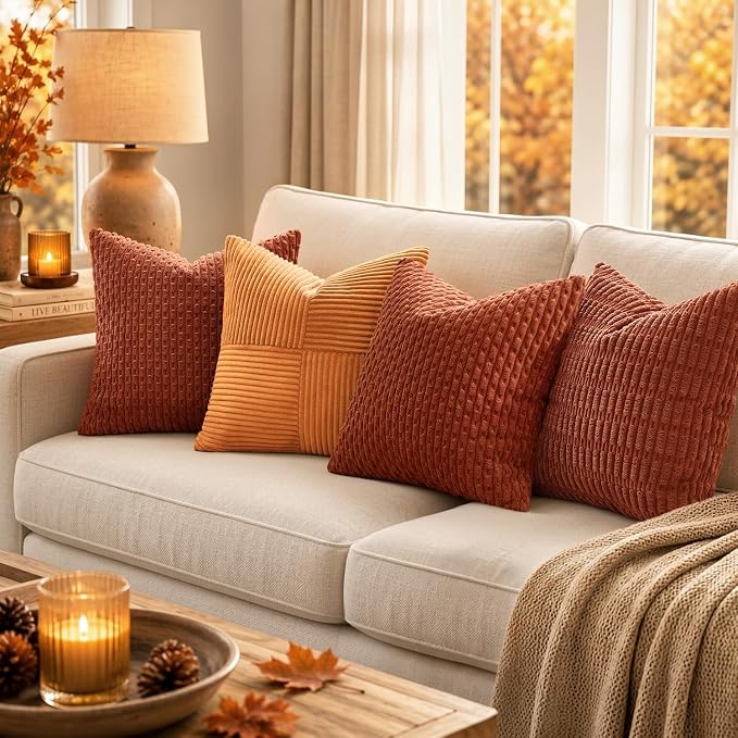 MIULEE Euro Sham Fall Decorative Throw Pillow Covers 22x22 Rust Corduroy | Terracotta Textured Striped Pack of 2 Striped Pillow Covers Modern Farmhouse Autumn Home Decor for Couch Bed Sofa Living Room