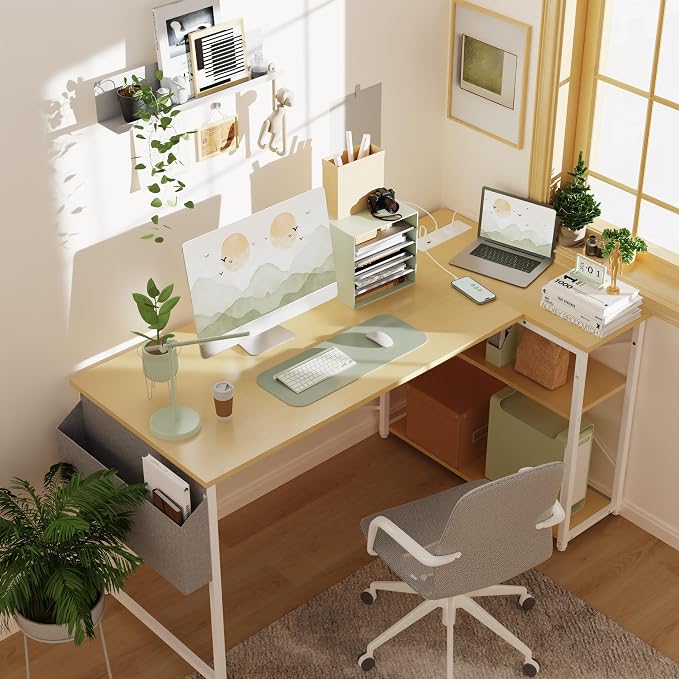 TIQLAB L-Shaped Computer Desk with Power Outlets - Reversible Shelves, 47 Inch Gaming & Study Desk in Beige