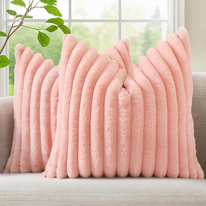 decorUhome Fall Faux Fur Throw Pillow Covers 24x24 Set of 2 Blush Pink | Decorative Soft Cozy Striped Plush Modern Farmhouse Boho Couch Pillow Cases Velvet Back for Sofa Bed Living Room Home Decor