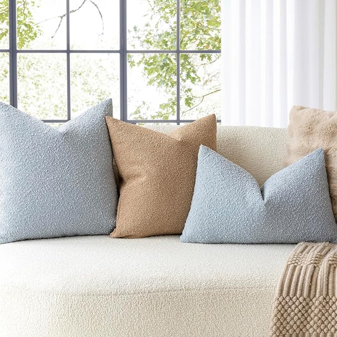 Foindtower Pack of 2 Modern Textured Boucle Throw Pillow Covers Accent Solid Decorative Pillow Cases Cozy Woven Couch Cushion Case for Chair Sofa Bed Living Room Home Decor, 20 x 20 Inch, Light Blue