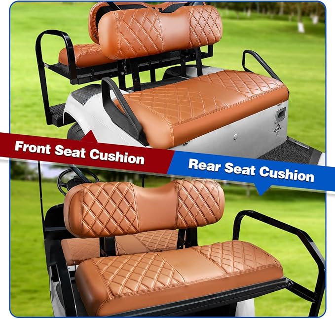 NOKINS 4PCS Golf Cart Diamond Seat Covers Kit, Front&Rear Seat Covers Fits EZGO TXT 1994-2013/EZGO RXV Standard Seat Cushion, EZGO Vinyl Seat Cover Accessories, No Staples(All Brown)