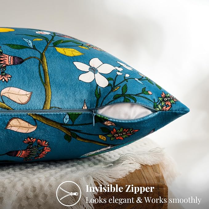 Stone Blue Velvet Floral Decorative 12x20 Lumbar Pillow Covers Set of 2 | Durable and Sturdy,Botanical Printed Pattern,Throw Pillows Case,Rectangle,Colorful Farmhouse,Home Sofa Bed Couch Decor
