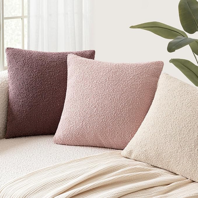Foindtower Set of 2, Decorative Textured Boucle Throw Pillow Covers Accent Solid Pillow Cases Neutral Soft Cozy Couch Cushion Case for Chair Sofa Bedroom Living Room Home Decor 26x26 Inch Sakura Pink