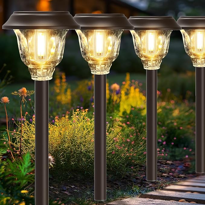 Solar Lights Outdoor Waterproof, Glass Metal Solar Pathway Lights, 6 Pack Outdoor Solar Lights for Garden Yard Driveway, Brown