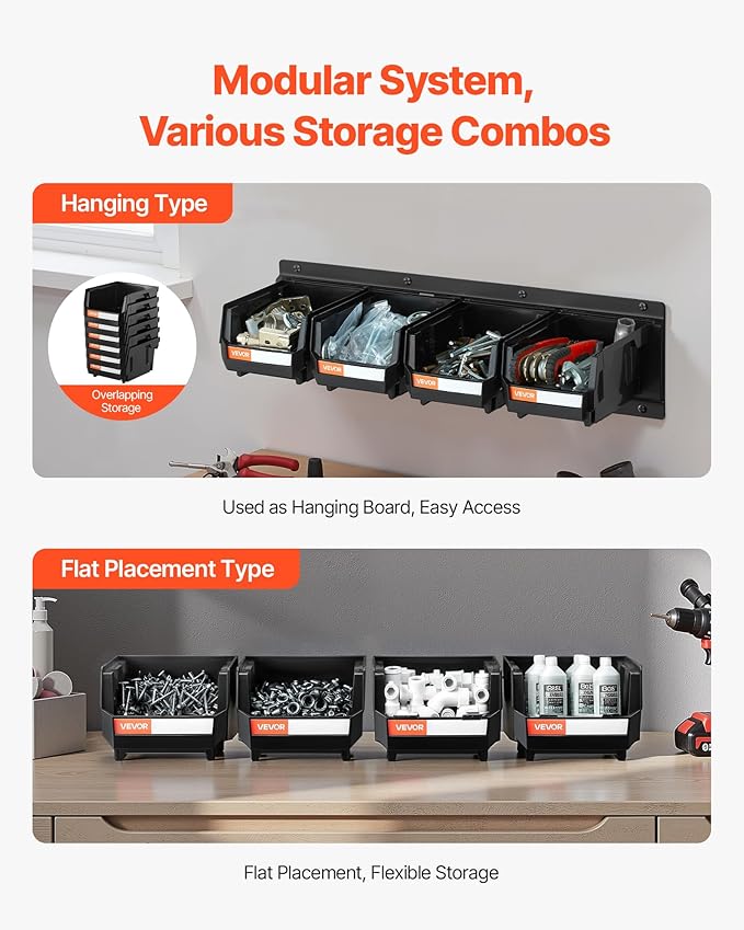 VEVOR Wall Mounted Storage Bins, 12 Plastic Bins & 3 Metal Rails, Plastic Hanging Stackable Storage Bin for Screws, Nuts, Bolts, Nails, Hardware Tool Organizer for Workshop, Craft Room, Garage, Black