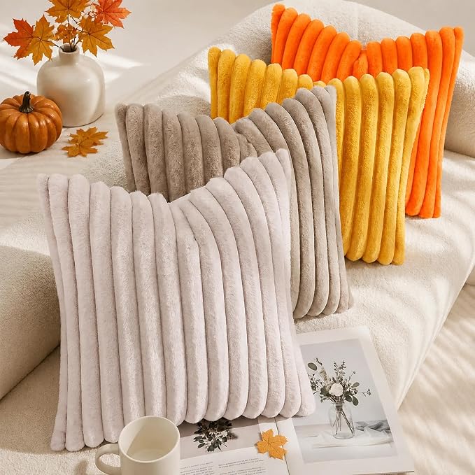 decorUhome Fall Faux Fur Throw Pillow Covers 20x20 Set of 2 Orange | Decorative Soft Cozy Striped Plush Modern Farmhouse Boho Couch Pillow Cases Velvet Back for Sofa Bed Living Room Home Decor
