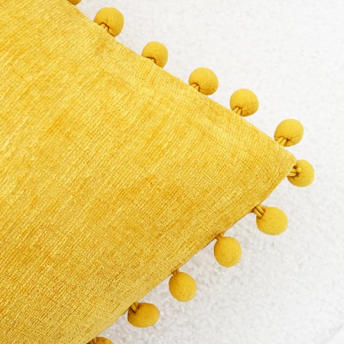 CaliTime Decorative Throw Pillow Covers 20 X 12 Inches Mustard Yellow | Pack of 2, Cozy Chenille Cushion Cases, with Pom Poms for Sofa Bed Living Room Farmhouse Home