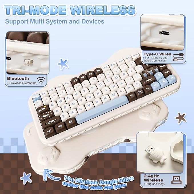 YUNZII C75 Cute 75% Wireless Mechanical Keyboard (Choco, Candy Switch) | Creamy Cake Keyboard, BT5.0/2.4G/USB-C, Hot-Swap, NKRO, PBT MOA Keycaps,5500mAh RGB Gasket Mount for Mac/Win/Gaming/Office