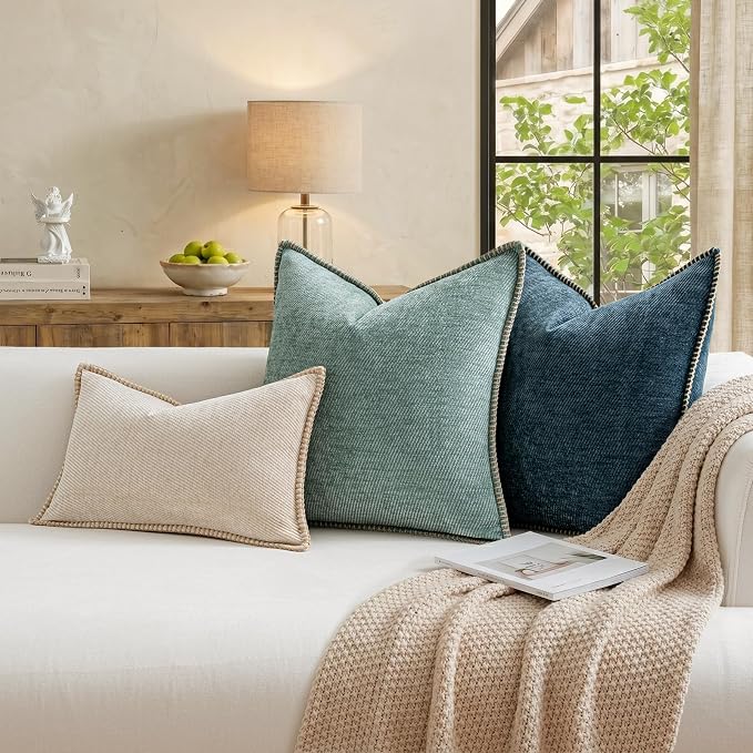 a moment Pack of 2 Decorative Chenille Throw Pillow Covers with Twill Cushion Covers for Sofa Living Room Couch Bed 16x16 Inch,Crafted Border Blue