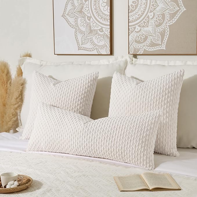 Kevin Textile Soft Corduroy 12"x20" Lumbar Pillow Cover 1 Pack, Pure White | Boho Stripe Plush Corduroy Decorative Oblong Cushion Cover Modern Farmhouse Home Decor for Sofa Couch Bed Chair