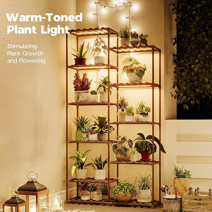 Bamworld Tall Plant Stand with Grow Lights Large Indoor Plant Shelf for Multiple Plants Pots Wood Flower Stand Flower Holder for Living Room, Patio, Balcony, Garden Decor, Brown