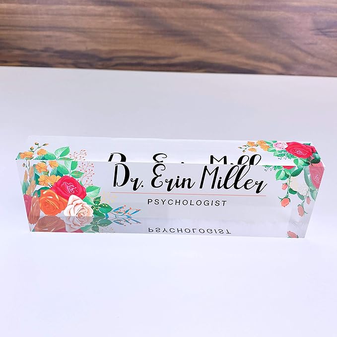 Artblox Office Desk Name Plate Personalized | Custom Name Plates for Desks | Mixed Flowers Design On Clear Acrylic Glass | Office Desk Decor
