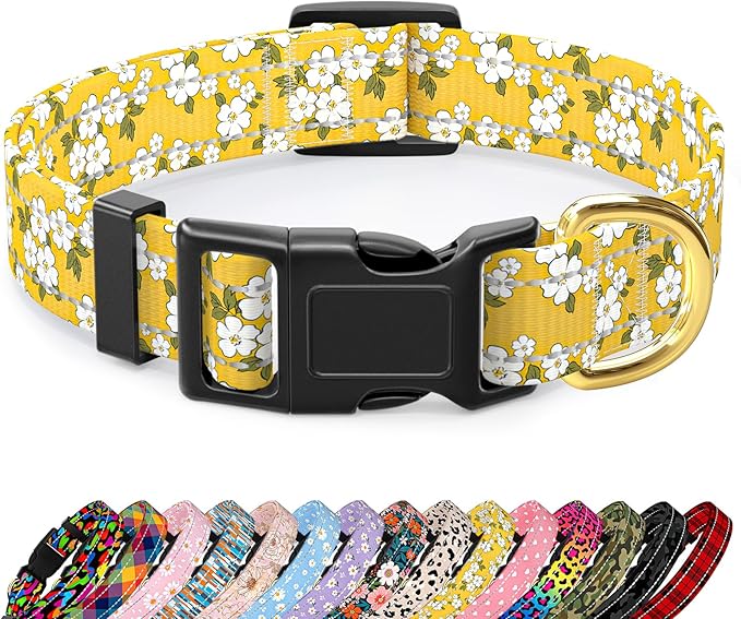 Reflective Dog Collar for Large Dogs, Cute Flower Theme Adjustable Heavy-Duty Nylon Puppy Collar for Boy and Girl Female, Soft Pet Accessories with Quick Release Buckle, Yellow