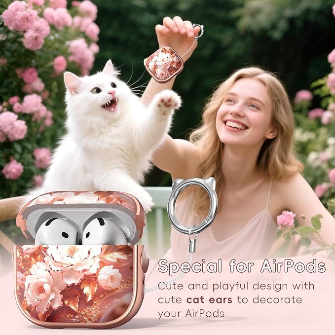 for AirPods 4 Case with Cleaning Kit, Cute Cat Ear Print Design & Cute Buckle, Inverted Phone Holder Design, Top Safe Lock Buckle Design, for Girls AirPods 4 case 2024, Rose Gold Peony