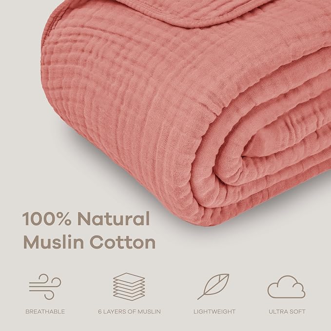 Comfy Cubs Adult Muslin Blanket 90x66” Twin Swaddle Blankets, Dusty Rose | 6 Layer Soft, Breathable & Lightweight Muslin Adult Blanket - Machine Washable & Designed in the US Bedding for All Seasons