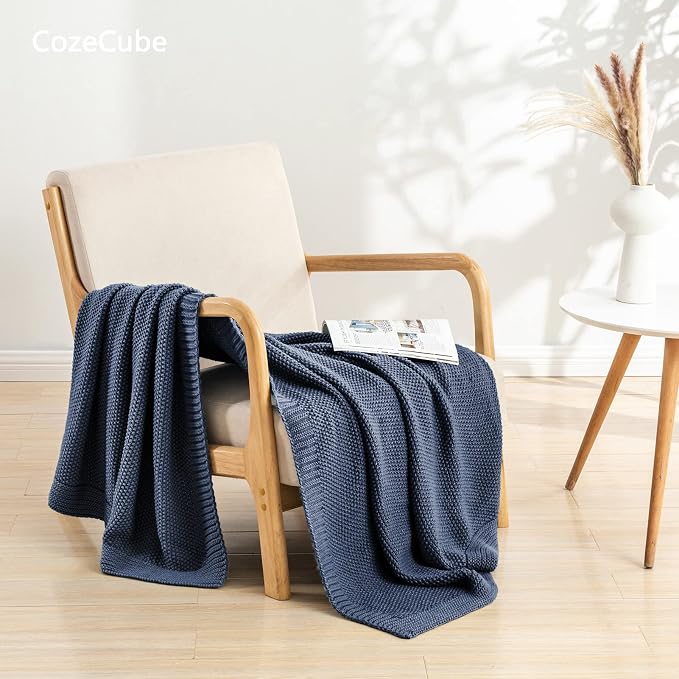 CozeCube Dusty Blue Seed Stitch Throw Blanket 60"x80", Farmhouse Decor | Blanket for Couch, Soft Cozy Cable Knit Throw for Bed Sofa Living Room, Lightweight Warm Decorative Christmas Blanket