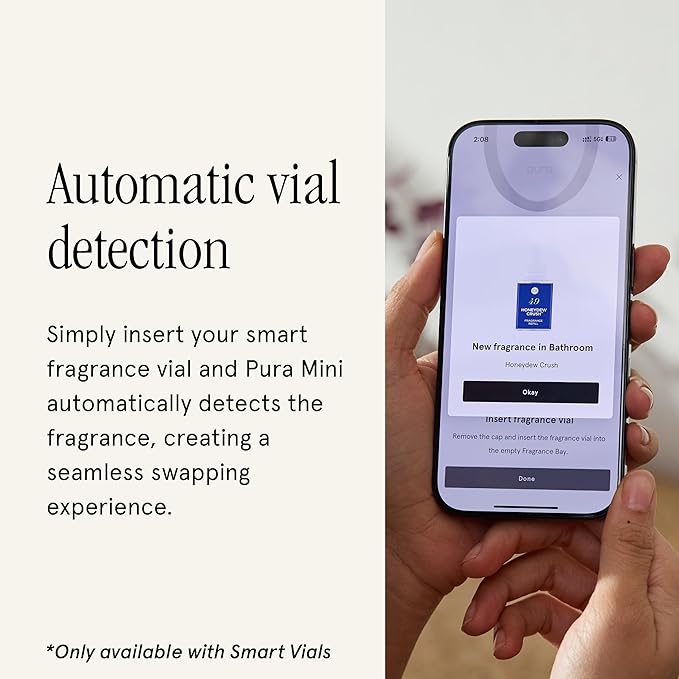 Pura Mini Smart Fragrance Diffuser for Small Spaces Adjustable Smart Home Device with LED Light & Automatic Vial Detection - Includes 1 Scent Refill; Lemon
