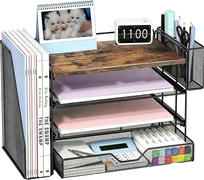 OPNICE Desk Organizers and Accessories, 4-Tier Desktop File Organizer with Drawer and Pen Holders, Office Desk Accessories Workspace Organizers for Office Supplies (Wood)