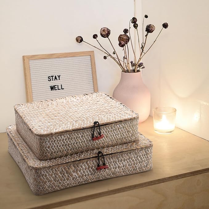 Whitewash Seagrass Basket with Lid Rectangular Decorative Storage Boxes for Shelf Organize Snack Toys Set of 2 (Large+Small)