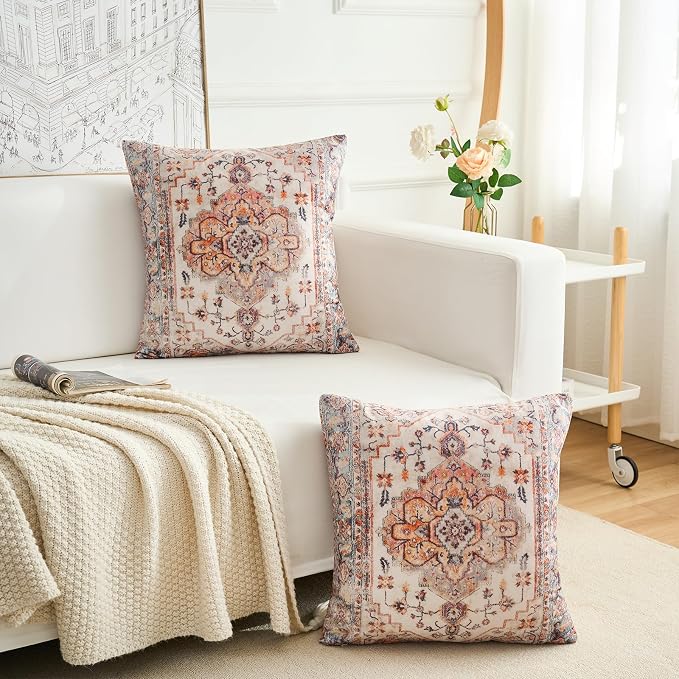 Boho Throw Pillow Covers 18x18 inch Set of 2,Boho Vintage Carpet Pattern Antique Ethnic Decor Double Sided Pattern Cushion Cover Soft Pillow Case Living Sofa Room Bed Square Pillow Cover