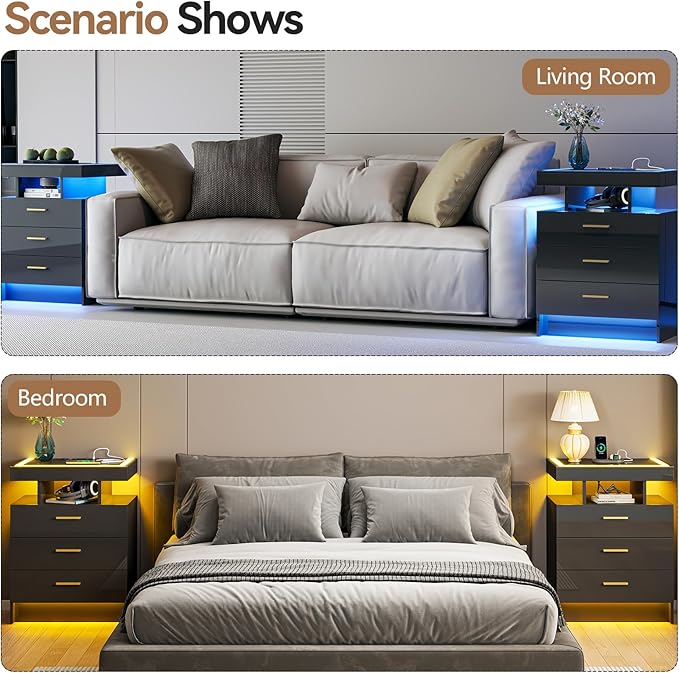 Black Night Stand with Wireless Charging Station,Smart Bedside Table with 3 Drawers,Modern Glass Top End Side Table with 3 Color Dimmable,LED Nightstand for Bedroom