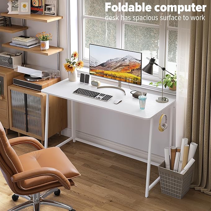 WOHOMO Folding Desk, 47.2" Foldable Computer Desk for Bedroom, Space Saving Computer Table Writing Workstation for Home Office, Easy Assembly, White | Easy Assembly and Fold, Sturdy Home office desks for Study Bedroom Dorm Space Saving Writing Work Apa...