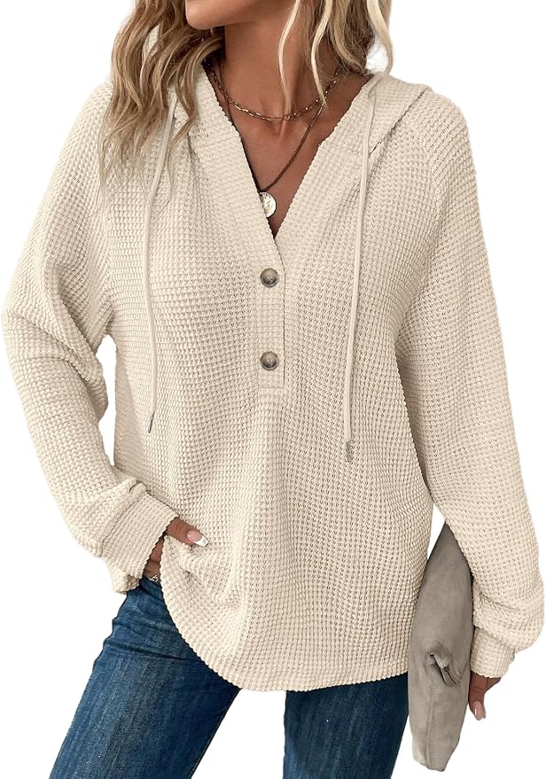 Dokotoo Hoodies for Women Waffle Knit Long Sleeve Drawstring Button V Neck Casual Sweatshirt Hooded Tops Fashion Clothing