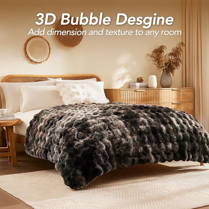 L'AGRATY Faux Rabbit Fur Throw Blanket for Couch, 60'' x 80'', Tie-Dye Gray | Soft Cozy Bubble Fluffy Blanket for Sofa Bed, Thick Warm Plush Fuzzy Throw for Room Home Decor, Luxury Gift for Women Mom