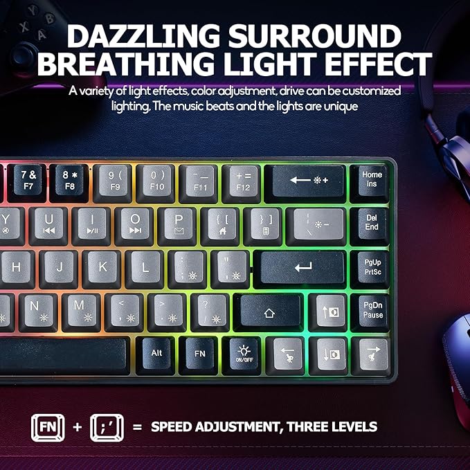 Guiheng Wired Portable 60% Mechanical Gaming Keyboard,RGB LED Backlit Compact 68 Keys Mini Wired Office Keyboard with Red Switch for Windows Laptop PC Mac -Grey and Black