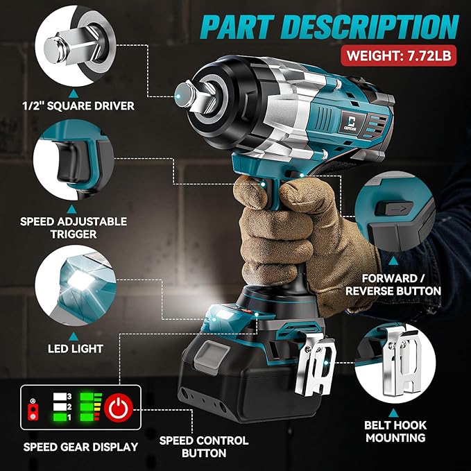 Cordless Impact Wrench 1/2 inch Compatible with Makita Battery: 1700FT-LBS High Torque Impact Wrench Heavy Duty Tool - Brushless Electric Impact Gun Includes LED Work Light - Bare Tool Only