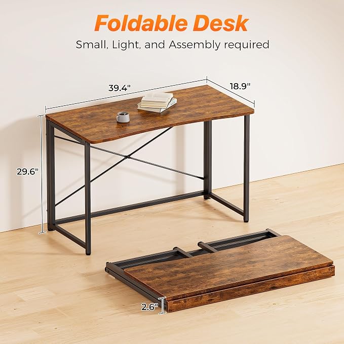 Huuger Folding Desk for Small Spaces, 31.5 Inch Foldable Computer Table, Easy Assembly, for Home Office, Study, Bedroom, Dorm, Space Saving, Small Writing Work Office Computer Desk, Rustic Brown