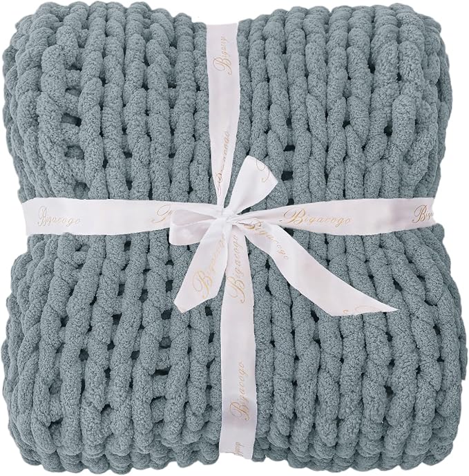 Bigacogo Chunky Knit Throw Blanket for Couch, 40x60 inches, Dusty Blue | Hand Knit with Jumbo Chenille, Soft Breathable Cable Knit for Sofa Bed Living Room, Machine Washable, Gift for Mom Friend