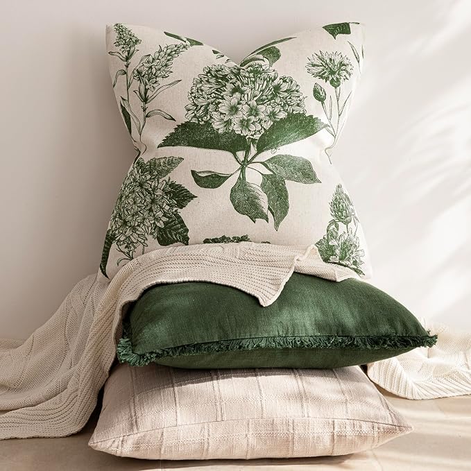 Foindtower Set of 2 Linen Floral Throw Pillow Covers Neutral Vintage Print Decorative Cozy Cushion Covers Farmhouse Boho Home Decor for Sofa Chair Couch Bedroom Living Room,20×20 Inch,Dark Green