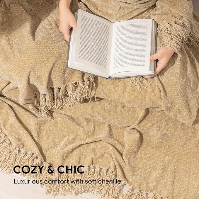 RECYCO Chenille Throw Blanket for Couch, 50"x60", Beige | Super Soft Knit Throw Blanket with Fringe Tassels, Lightweight Knitted Throw, Cozy, Ideal for Sofa Chair Bed Living Room Gift