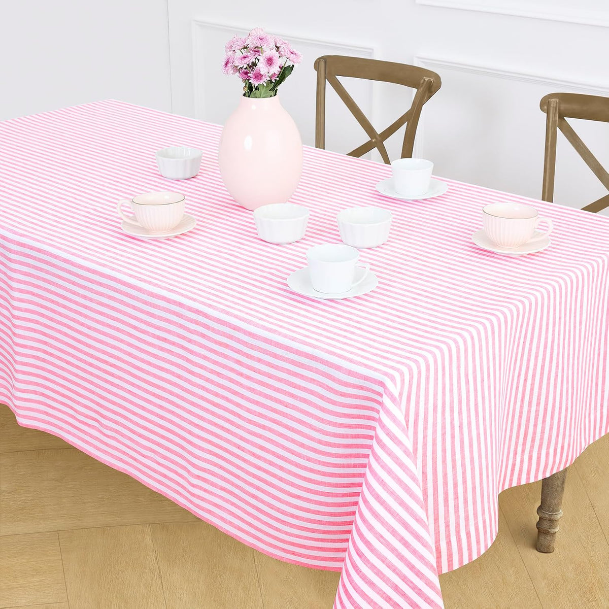 Solino Home Linen Tablecloth 60 x 120 Inch - Amalfi Stripe 100% Pure Linen Pink and White Table Cloth for Rectangle Tables - Machine Washable Tablecloth for Summer