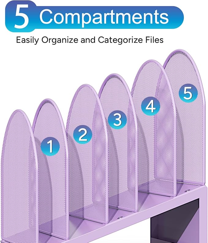 gianotter Desktop File Organizer with 5 Compartments | Desk Organizer Paper Organizer for Desk Workspace Organizers for Office Supplies (Purple, Inclined Style)