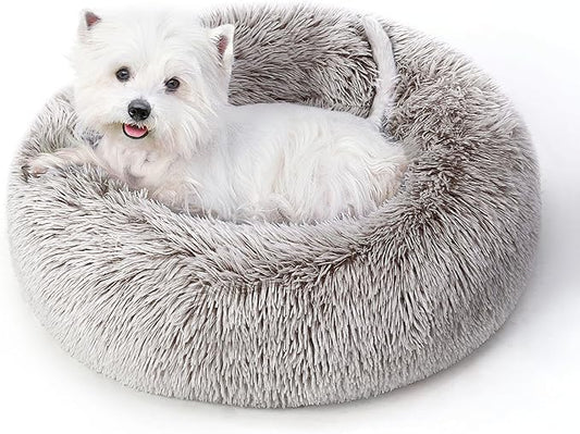 Calming Dog Bed & Cat Bed with Anti-Slip Bottom, Medium Size Washable Anti-Anxiety Donut Dog Beds for Small Dogs & Cats, Fluffy Plush Cozy Round Dog Bed(24 Inch, Brown)